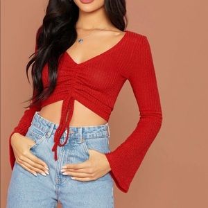 Ribbed Bell sleeve ruched front top